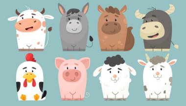 Güzel bir çiftlik hayvanı koleksiyonu. Çizgi film tarzında vektör karakterler. Neşeli inek, eşek, at, boğa, horoz, domuz, koç, keçi.