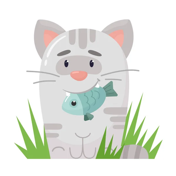 Lindo Gatito Estilizado Con Pez Los Dientes Ilustración Vectorial Estilo — Vector de stock