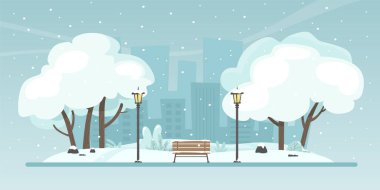 Winter City Parkı. Manzara. Düz biçimli vektör illüstrasyonu.