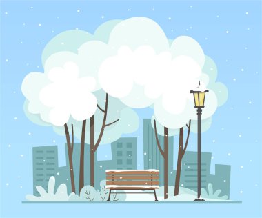 Winter City Parkı. Manzara. Düz biçimli vektör illüstrasyonu.