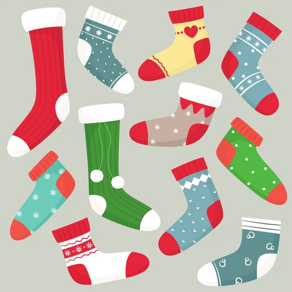 Колекція Зимових Шкарпеток Різдвяні Шкарпетки Плоский Вектор Ізолює — стоковий вектор