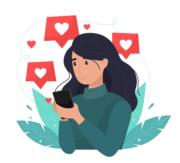 Социальные Сети Продвижение Концепция Smm Молодая Счастливая Девушка Мобильным Телефоном — стоковый вектор