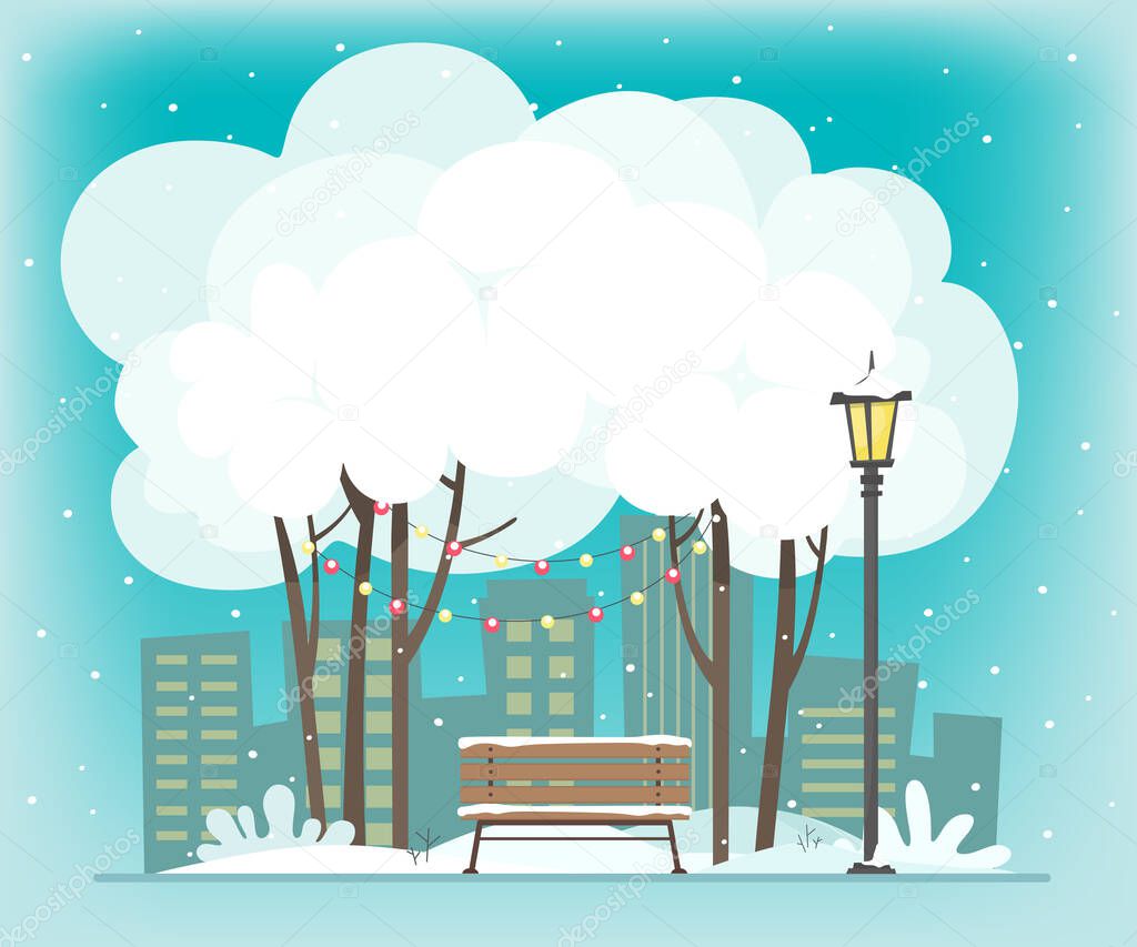 The winter city park is decorated with Christmas lights. Scenery. Vector illustration in a flat style.