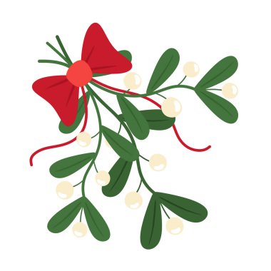 Geleneksel Noel ökseotu dalı. Oklu ve kurdeleli ökseotu dalı. Düz biçimli vektör illüstrasyonu.