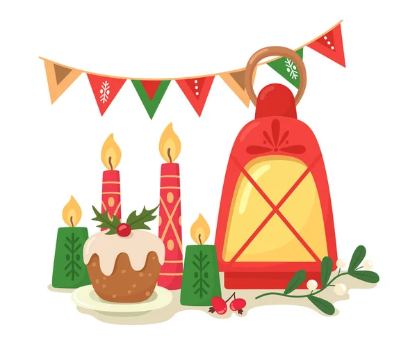 Χριστουγεννιάτικο Τραπέζι Κεριά Κεκάκια Γιρλάντες Και Ένα Κλαδί Γκι Εικονογράφηση — Διανυσματικό Αρχείο