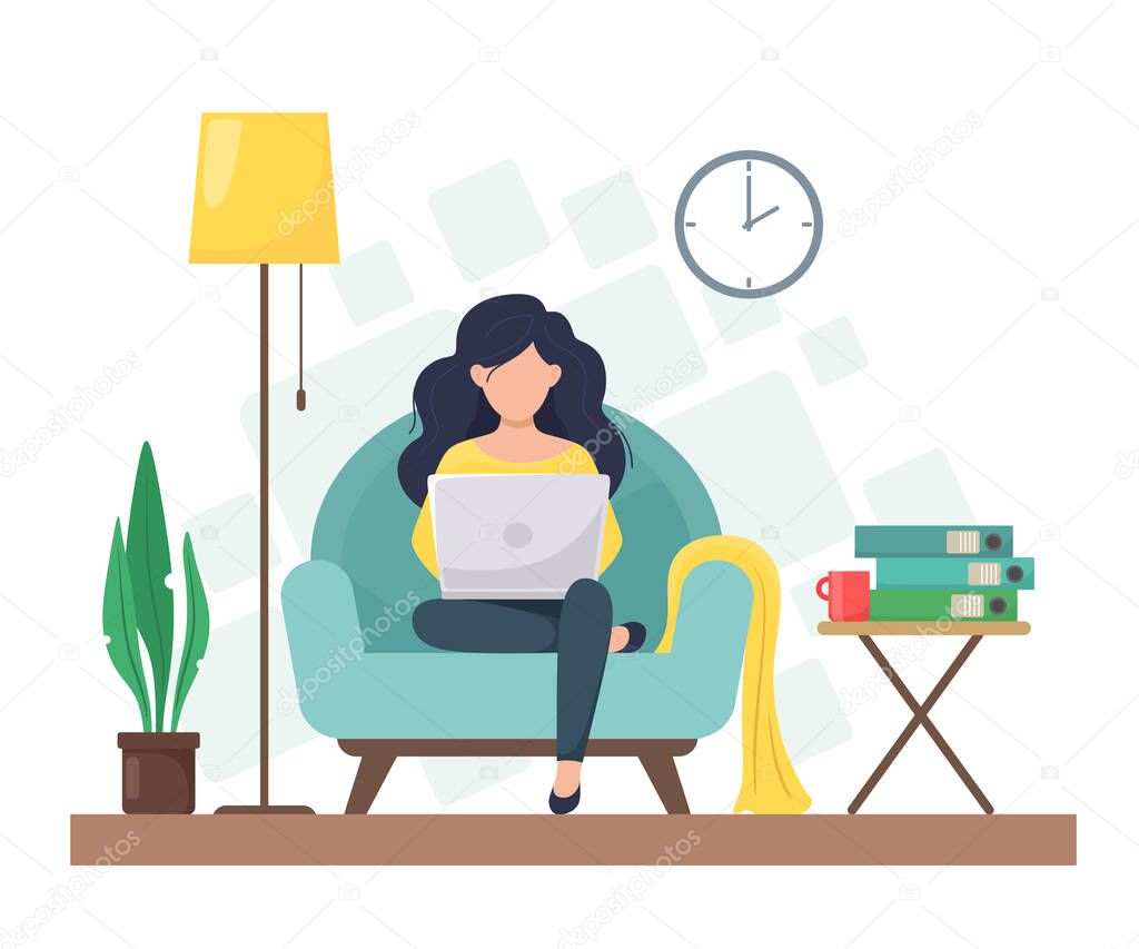 Girl with a laptop in a chair. Business, work or play with laptop at home. Vector illustration in flat style.