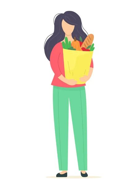 Chica Con Paquete Productos Verduras Con Frutas Las Manos Ilustración — Vector de stock