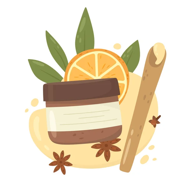 Tarro Con Crema Cosmética Cuidado Piel Naranja Tropical Vitamina Ilustración — Vector de stock