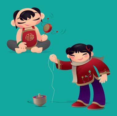 Çin çıngırak davul ve Spinning Top oynayan çocuklar