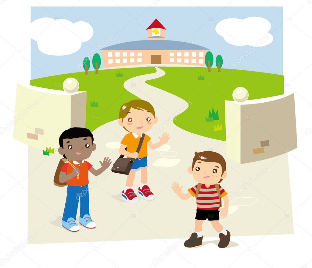 Back to school. Three pupils meet at front gate of school.