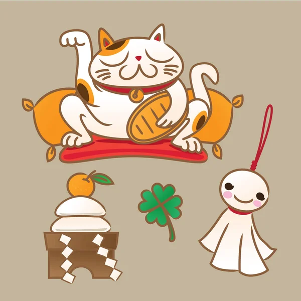 Ιαπωνική Σύμβολα Νεύοντας Γάτα Νέα Όλο Χρόνο Προσφέροντας Ηλιόλουστο Κούκλα — Διανυσματικό Αρχείο