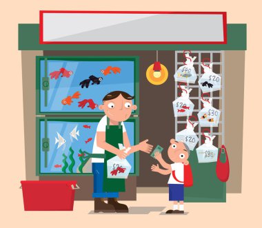 Bir küçük akvaryum balık store Hong Kong karikatür çizimi