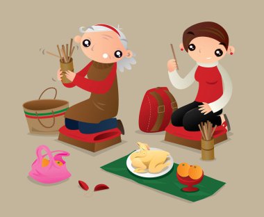 Two women shake a tube of fortune sticks to draw a lots for future prediction. During Chinese new year holidays, some Hong Kong people will go to temples and get a fortune predication from their Gods.  clipart