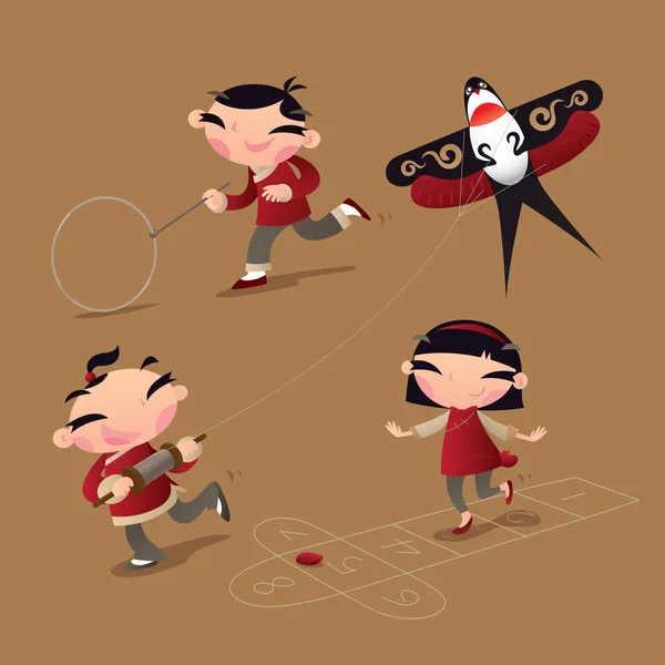 经典的中国儿童游戏 吊环滚动 放风筝和跳球 — 图库矢量图片