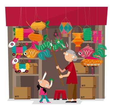 Vektör çizim kağıt hazırlanmış teklifleri dükkanı Hong Kong. Çince Lantern Festivali sırasında o dükkanı açık fenerler çeşitleri asmak.