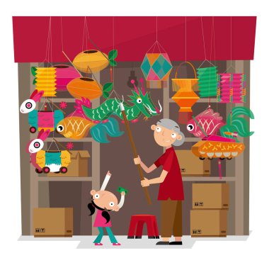Vector illustration of paper-crafted offerings shop in Hong Kong. During the Chinese Lantern Festival, it hangs varieties of lanterns at the shop front. clipart