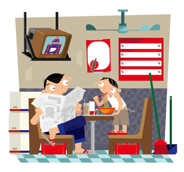 Ilustración Vectorial Padre Hijo Comiendo Dentro Pequeño Café Local Estilo — Archivo Imágenes Vectoriales