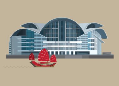 4 Ekim 2018. Hong Kong Kongre ve Sergi Merkezi (Hkcec) vektör çizim faz II, Hong Kong'da bir ikonik simgesel yapı ve onun benzersiz kuş gibi çatı tasarımı için ünlü.