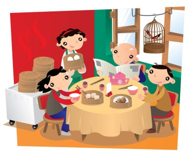 Hong Kong eski bir Çin restoranında yemek alan insanlar. Her hafta sonu sabahları toplama ailesi için oraya gitmek birçok Hong Kong insanın ortak bir alışkanlıktır.