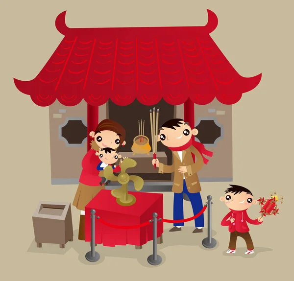 香港の家族は中国の旧正月の祭りの期間中中国の寺院に行きます 来年の幸運を祝福のための幸運のファン ブレード ホイールを回す — ストックベクタ