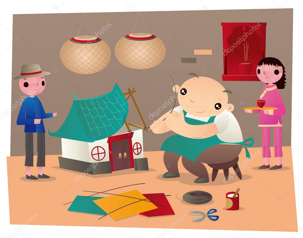 An old master making a paper house and paper servants as funeral goods of Chinese paper offerings