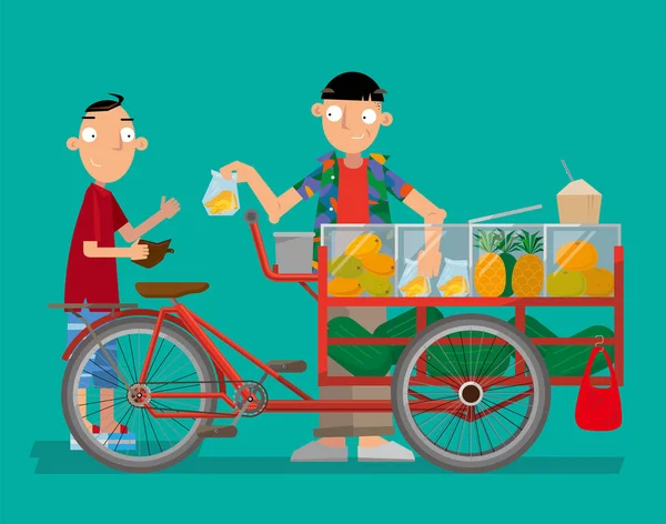 Ilustração Vetorial Pescador Frutas Bicicleta Tailândia —  Vetores de Stock