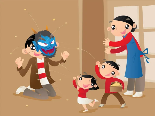 Una Familia Japonesa Juega Tradicional Juego Personalizado Tirar Frijoles Casa — Vector de stock