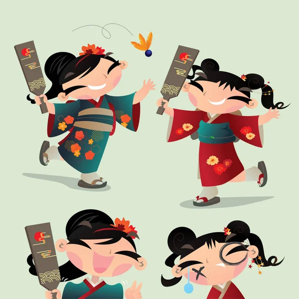 Ilustración Vectorial Dos Niños Japoneses Jugando Battledore Shuttlecock Juego Popular — Vector de stock