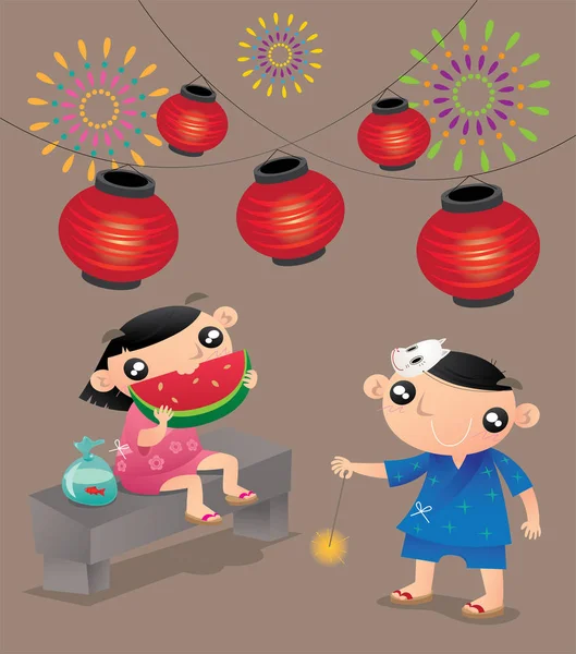 Zwei Kinder Genießen Ihren Spaß Beim Traditionellen Japanischen Sommerfest — Stockvektor