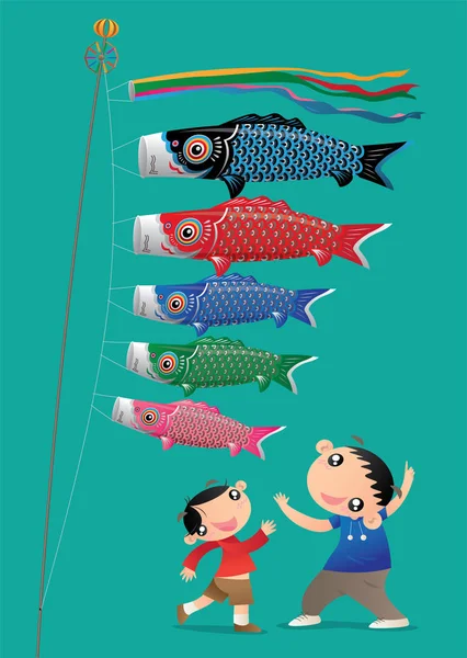 两个小男孩用他的鲤鱼蒸信 庆祝日本儿童节 日本人认为垃圾是勇气和力量的象征 — 图库矢量图片