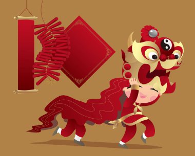 Kirin dansı oynayan Çinli çocuklar