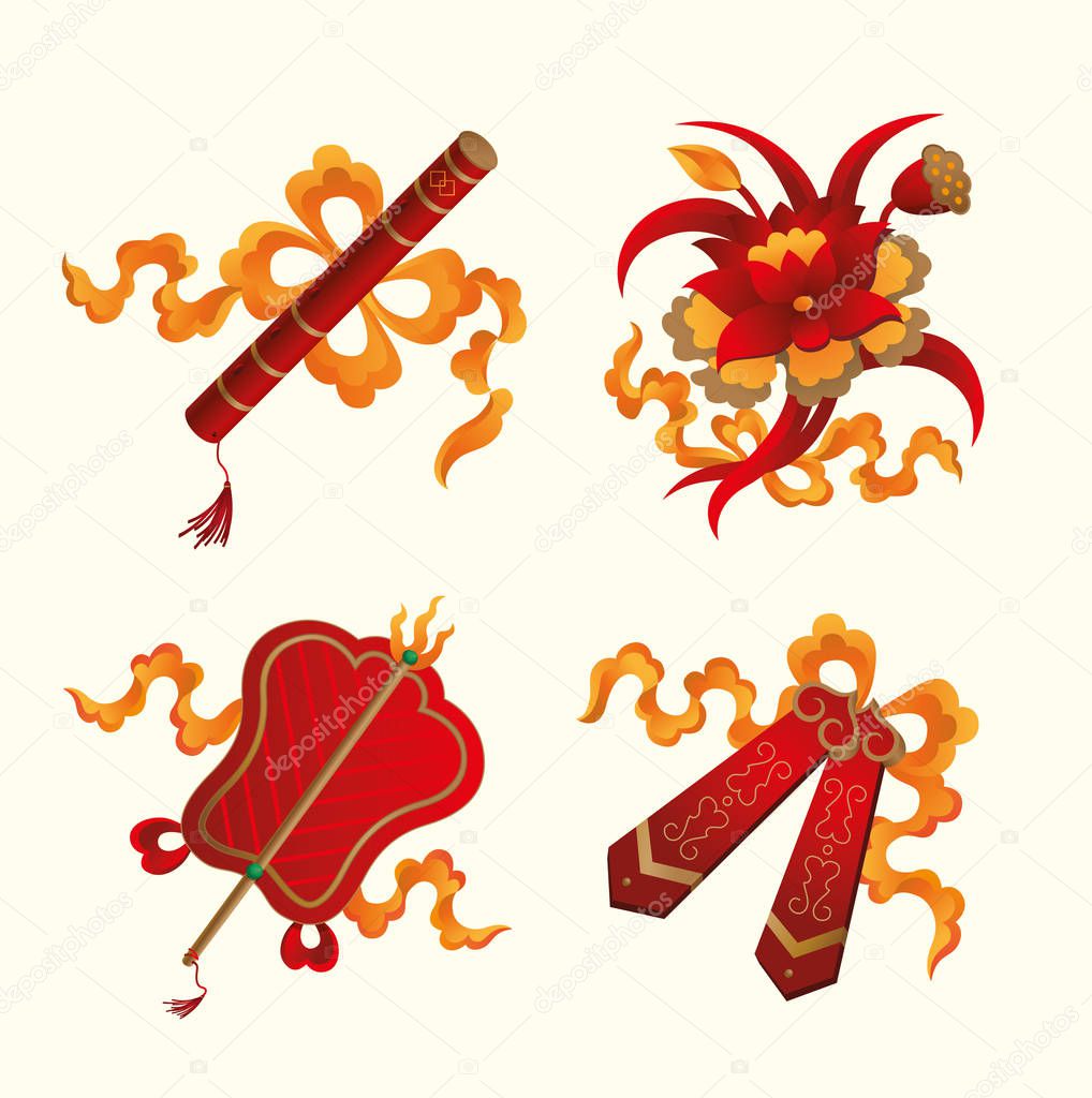 Power tools (as signs of propitious and longevity) of Eight Immortals in Chinese mythology: flute, lotus, fan, castanets. They are common symbols representing longevity and luckiness.