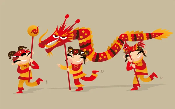 Tres Niños Chinos Jugando Danza Del Dragón Para Celebrar Año — Vector de stock