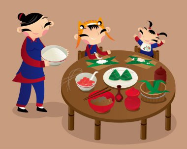 İki çocuk annelerini pirinç köfte yapma yardım. Eski Çin ortak bir gelenektir, birçok aile Çince Dragon Boat Festivali geliyor kutlamak için onların pirinç köfte evde olun.