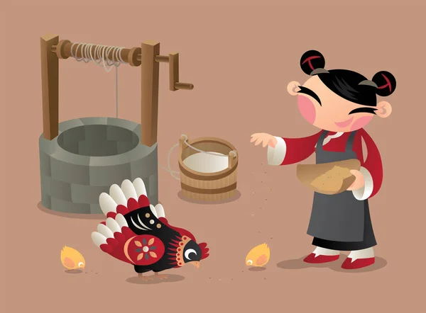 一个中国乡村妇女喂鸡 — 图库矢量图片