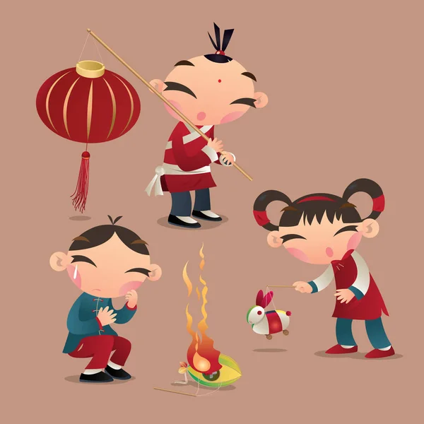 Les Enfants Chinois Jouent Leurs Lanternes Festival Des Lanternes Chinoises — Image vectorielle