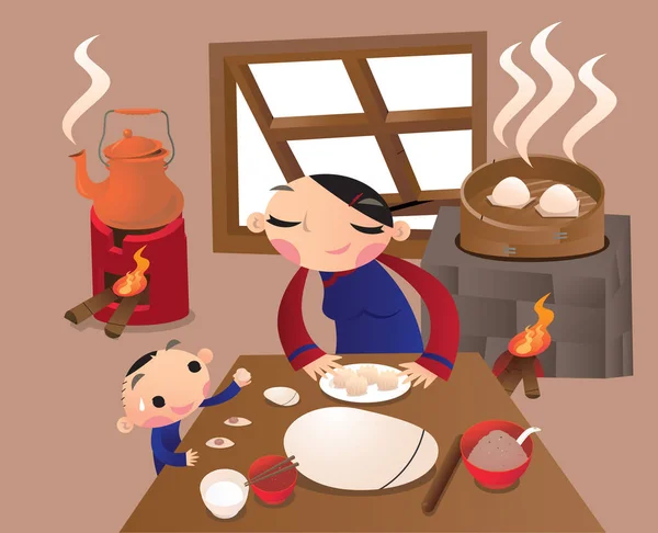 Μια Γυναίκα Κινεζικό Του Χωριού Προετοιμασία Ζυμαρικά Στην Κουζίνα — Διανυσματικό Αρχείο