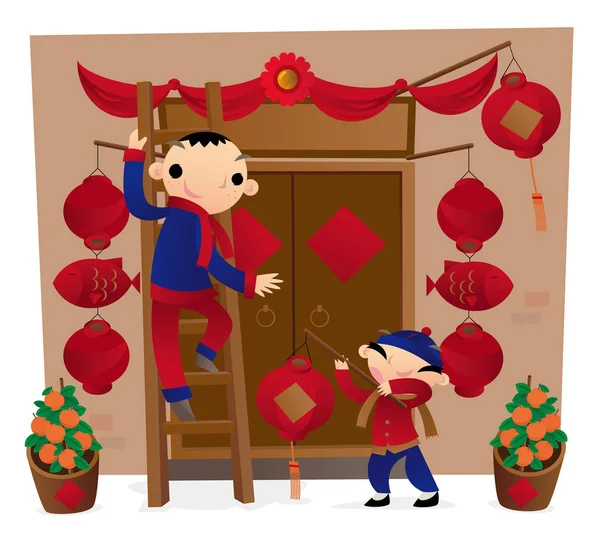 Vorbereitung Der Haustürdekoration Für Das Chinesische Neue Jahr — Stockvektor