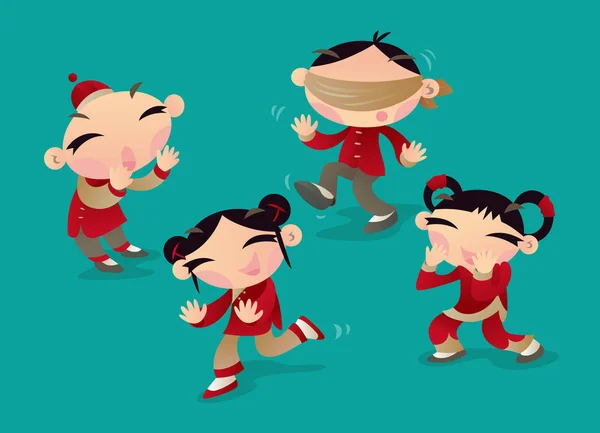 Niños Chinos Jugando Pollo Ciego Juego Niños Populares Sur China — Vector de stock