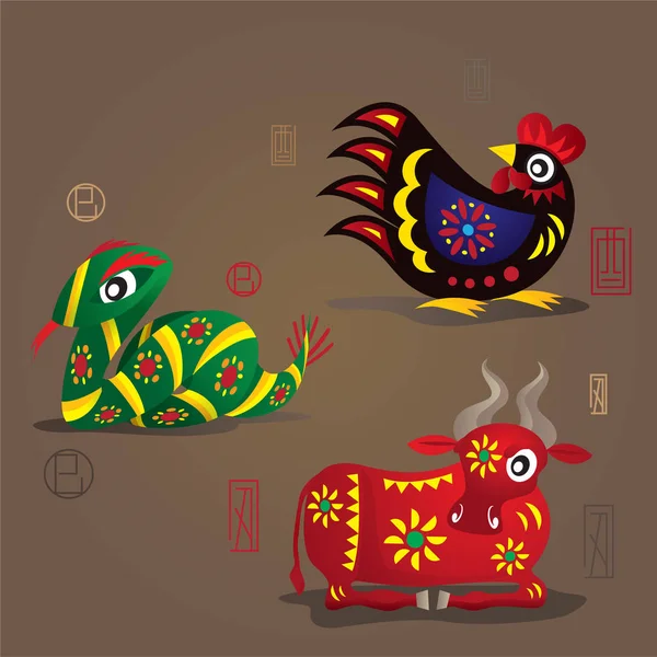Mascotes Zodíaco Chinês Galo Cobra Boi —  Vetores de Stock