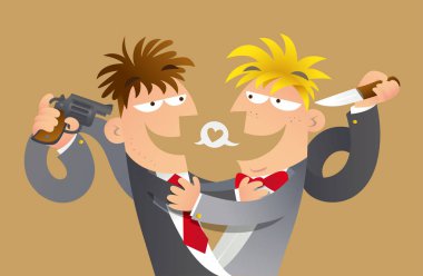 Cartoon illustration of concept of False friends. Two men make a hug to pretend friends, meanwhile they put a weapon behind their back and point to each others. clipart