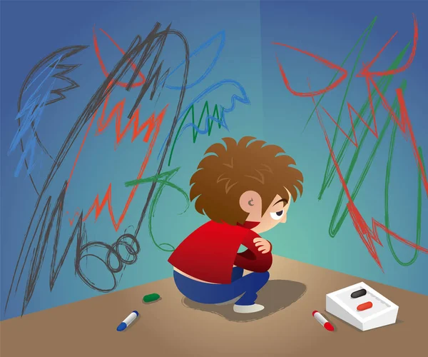 Enfant Malheureux Donne Libre Cours Son Ennui Dessinant Des Graffitis — Image vectorielle