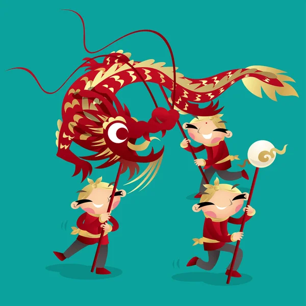 Κινεζικά Παιδιά Παίζοντας Δράκος Χορός Γιορτάσουν Σεληνιακό Νέο Έτος Έρχεται — Διανυσματικό Αρχείο