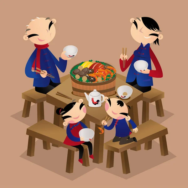 Une Famille Chinoise Aime Manger Plat Village Fortifié Poon Choi — Image vectorielle