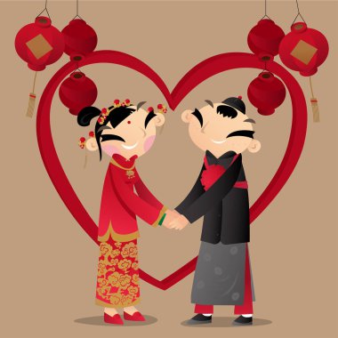 Geleneksel Çin düğün kostümleri ile bir Çinli çift giymek Karikatür illüstrasyon