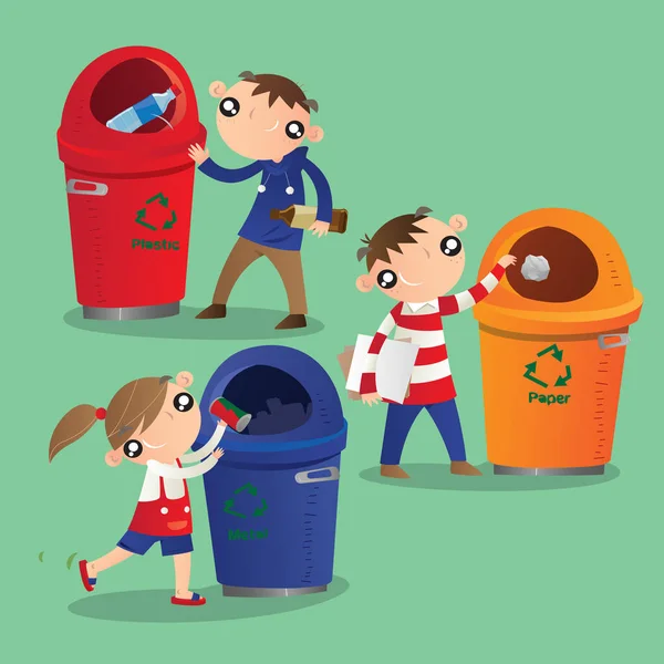 Small Kids Sort Wastes Put Trash Recycling Bins — Stock Vector