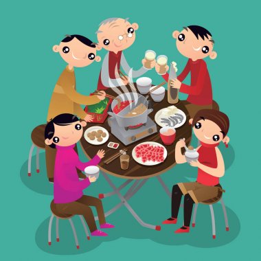 Hong Kong insanların bir sıcak pot yemek olan Karikatür illüstrasyon