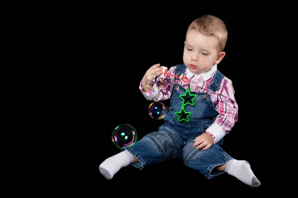 Little Boy Blowing Soap Bubble Black Background — Stock Photo, Image