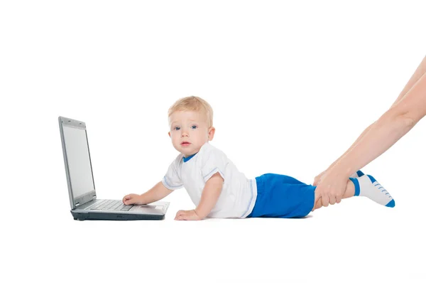 Mommy Hands Pulling Child Laptop — Stock Photo, Image