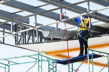 Kendinizi korumak çok önemli, o-ebilmek var olmak kolayca yüksek riskli iş karşılaştı, iskele üzerinde koruyucu ekipman hareket koymak inşaat işçisi.